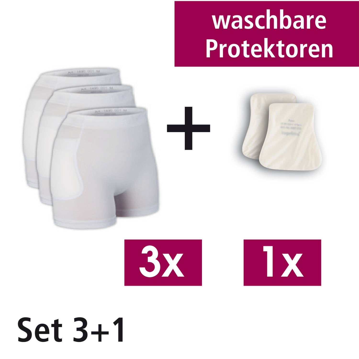 Suprima 1497 001, Hüftschutz-Set 3+1: 3 Hüftschutz-Hosen/1 Paar maschinenwaschbare Protektoren